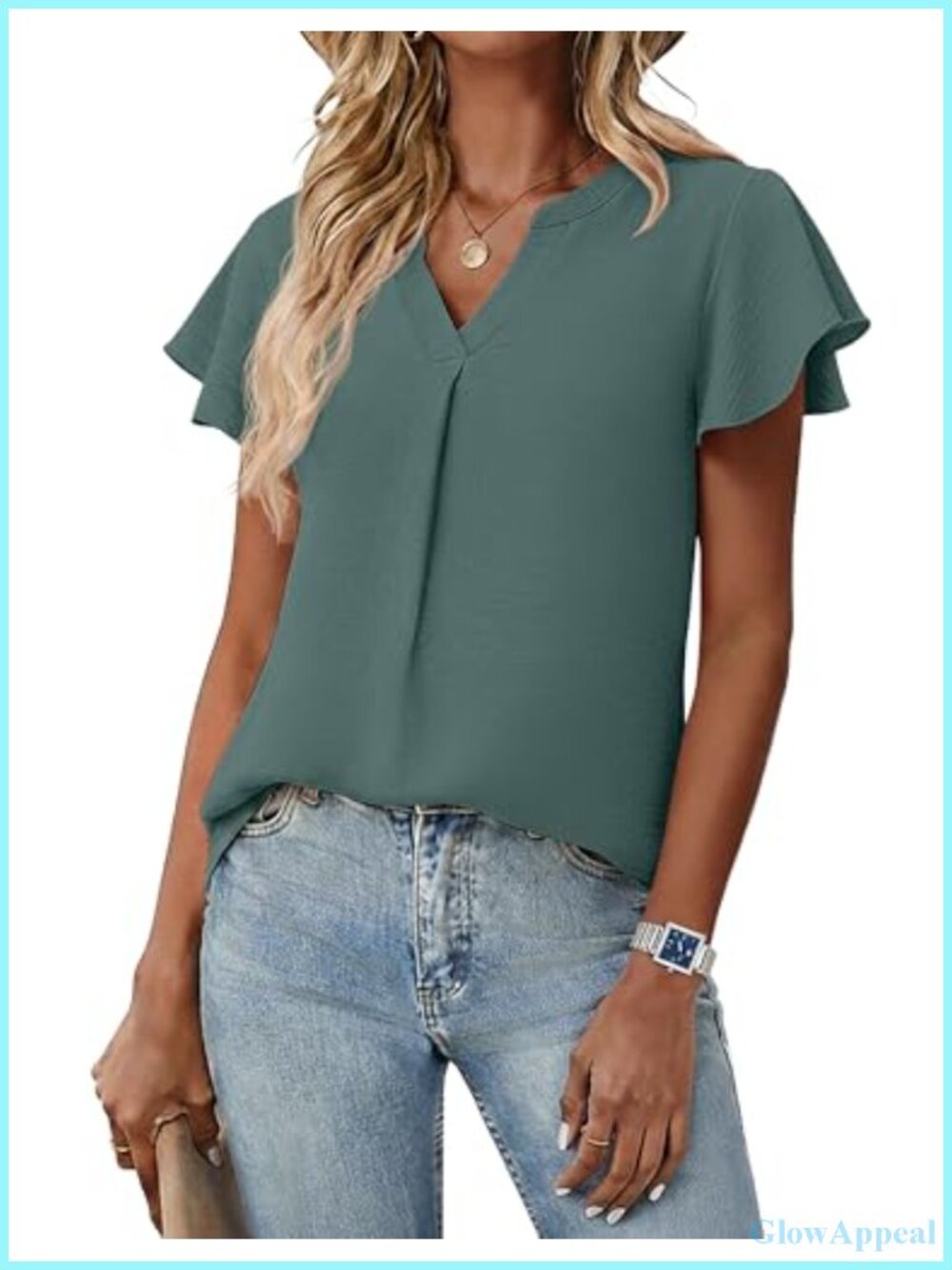 V Neck Ruffle Sleeve Blouse Flowy Casual Summer Tunic Top